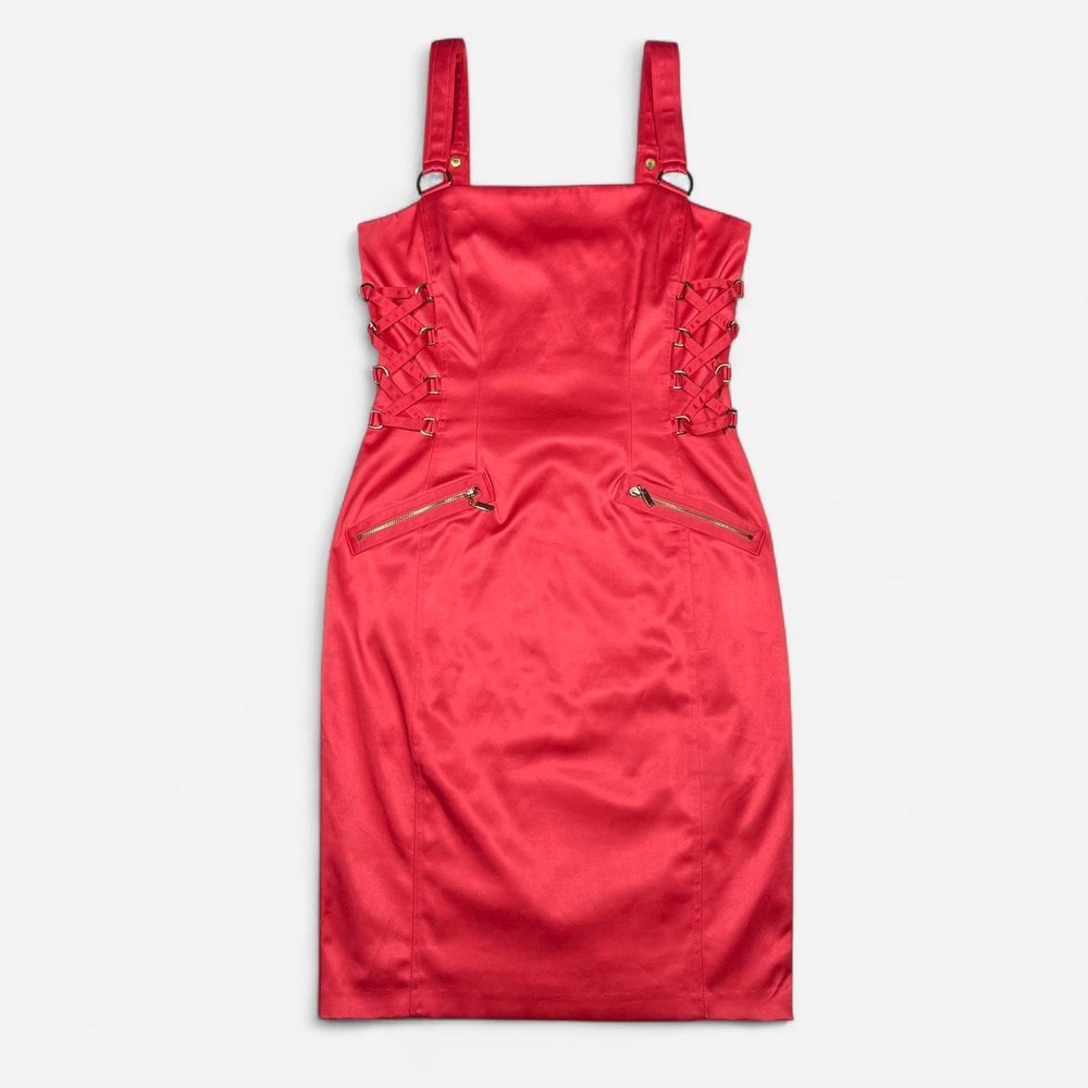 Cache Pink Satin Lace Up Corset Bodycon Midi Dress Y2K